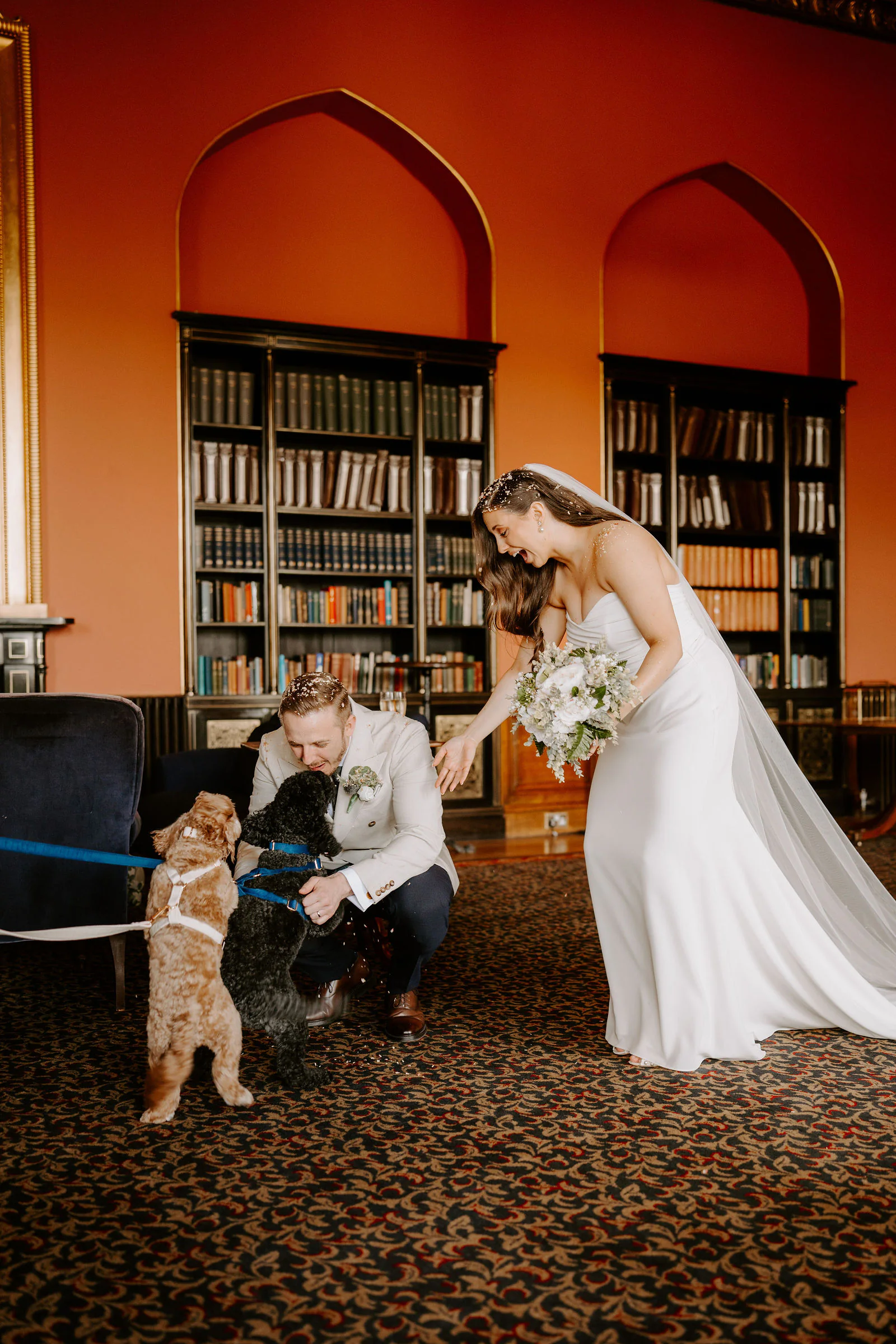 Natasha in a strapless gown bends to greet a dog while Phil crouches beside it on a patterned carpet in a red-walled library lined with bookcases