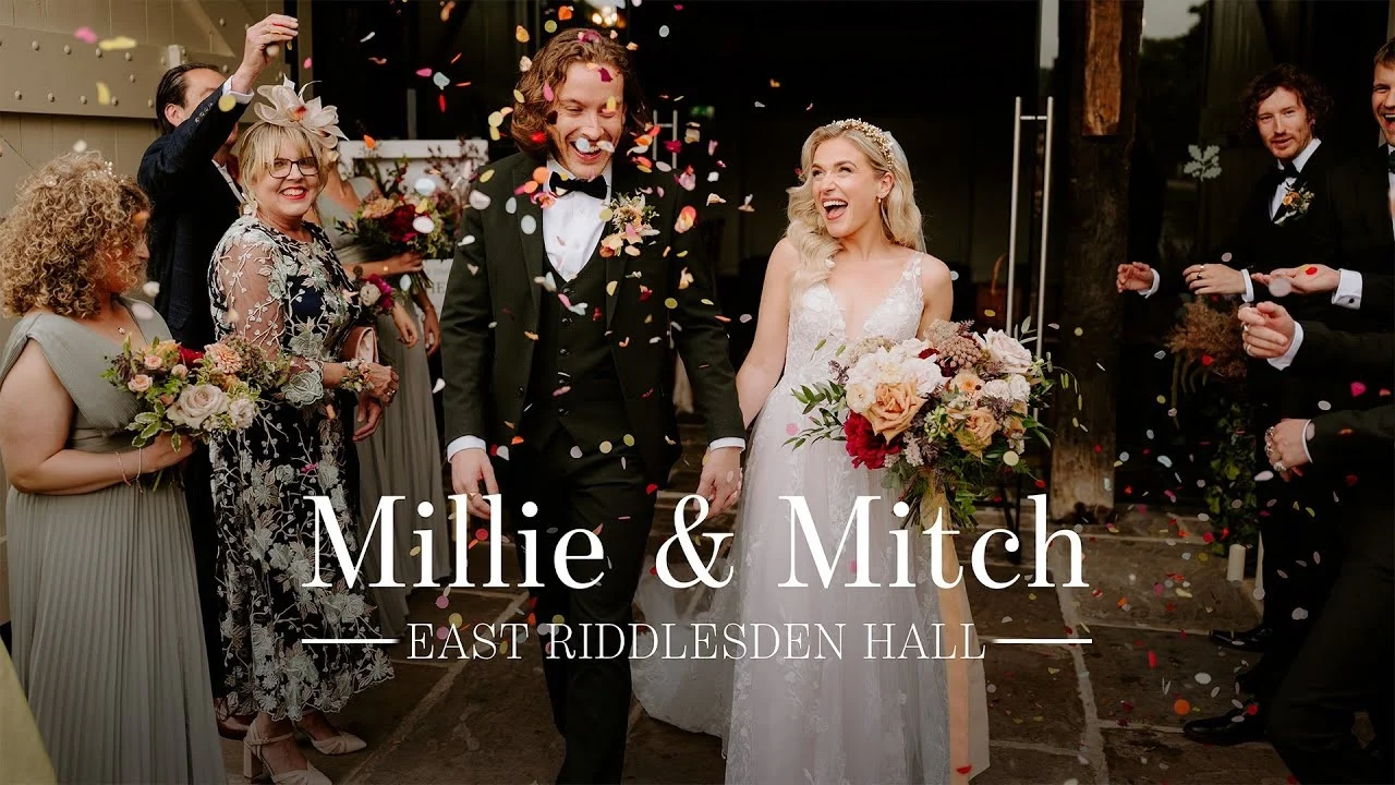Still from Millie & Mitch’s wedding highlight at East Riddlesden Hall