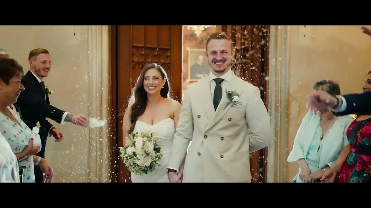 Still from Phil & Natasha’s wedding highlight at Ashridge House