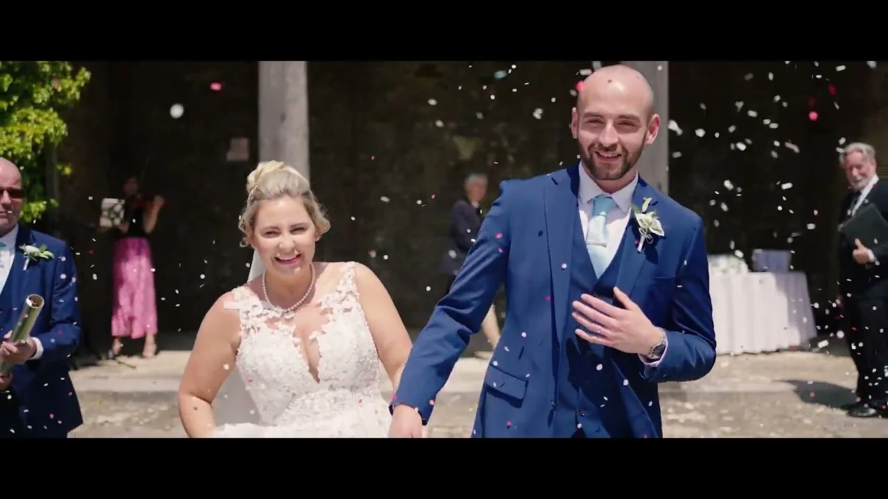 Still from Victoria & Benson’s wedding highlight at Broome Park