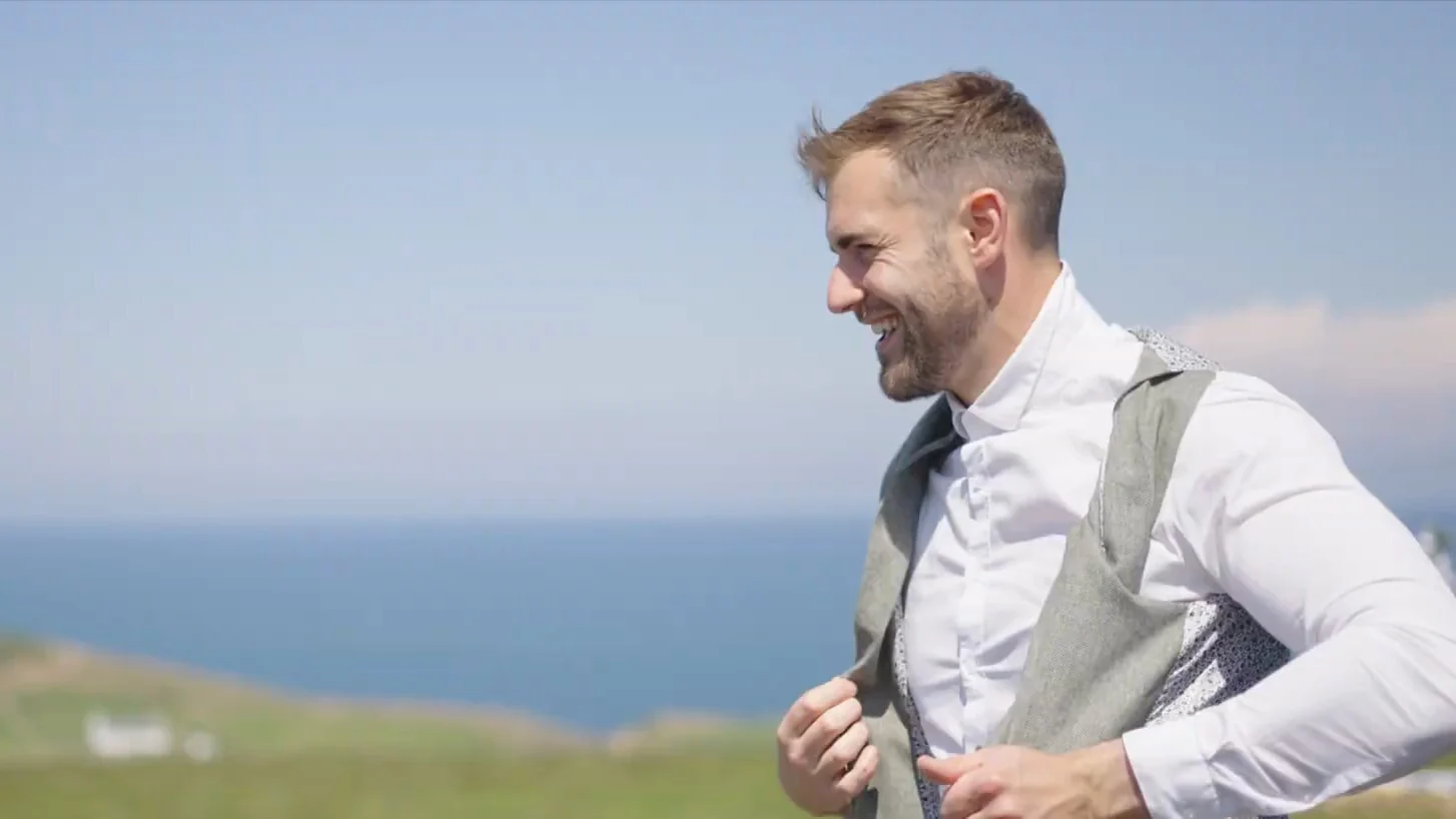 Still from Oli & Tara’s wedding highlight at The Shed at Mwnt