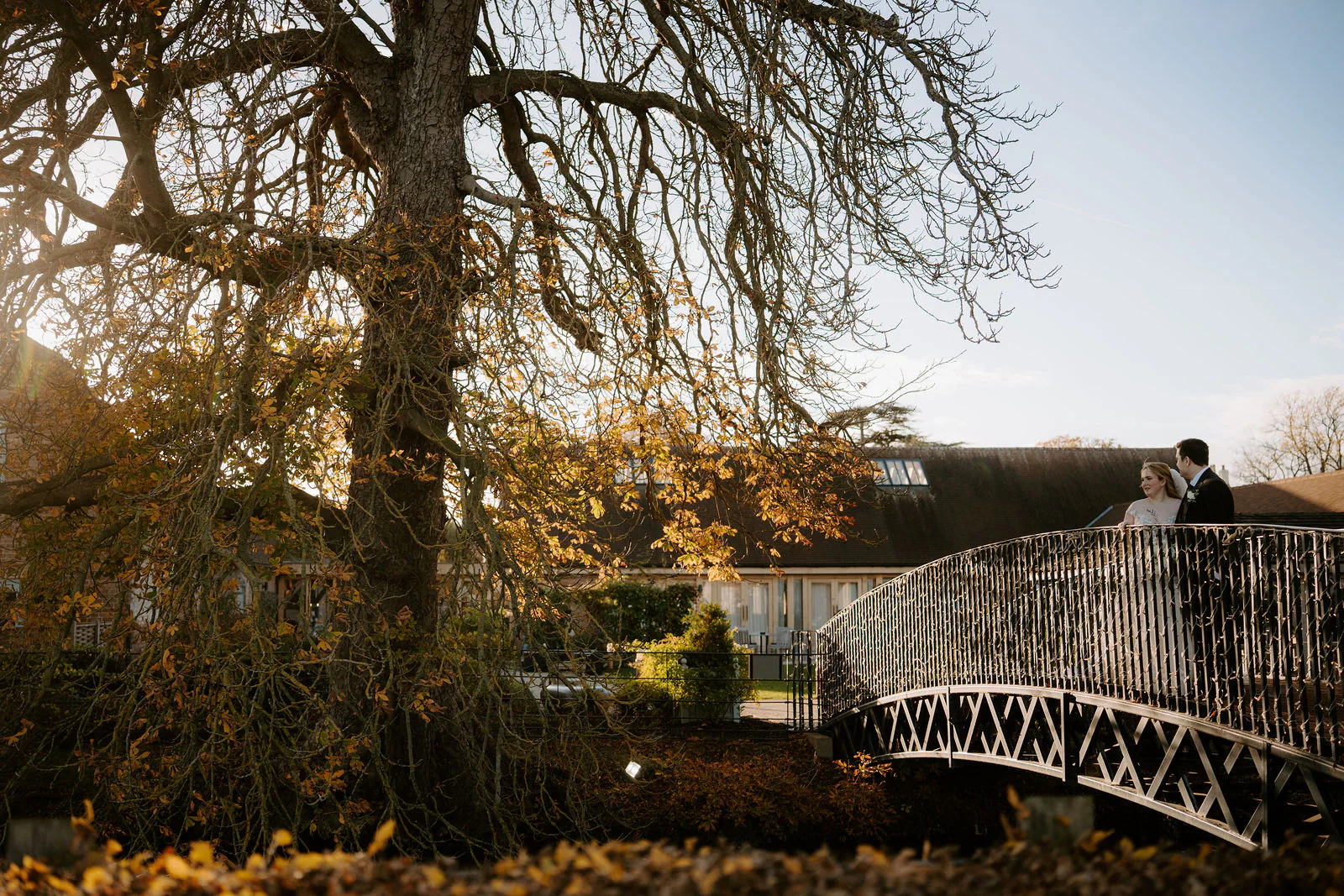 Georgia and James stand on an arched footbridge strung with fairy lights beneath a large bare tree in golden autumn light