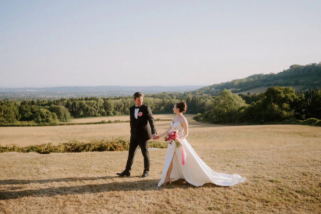 Louisa and Chris romantic couple portrait overlooking the entire Cardiff cityscape at New House Country Hotel