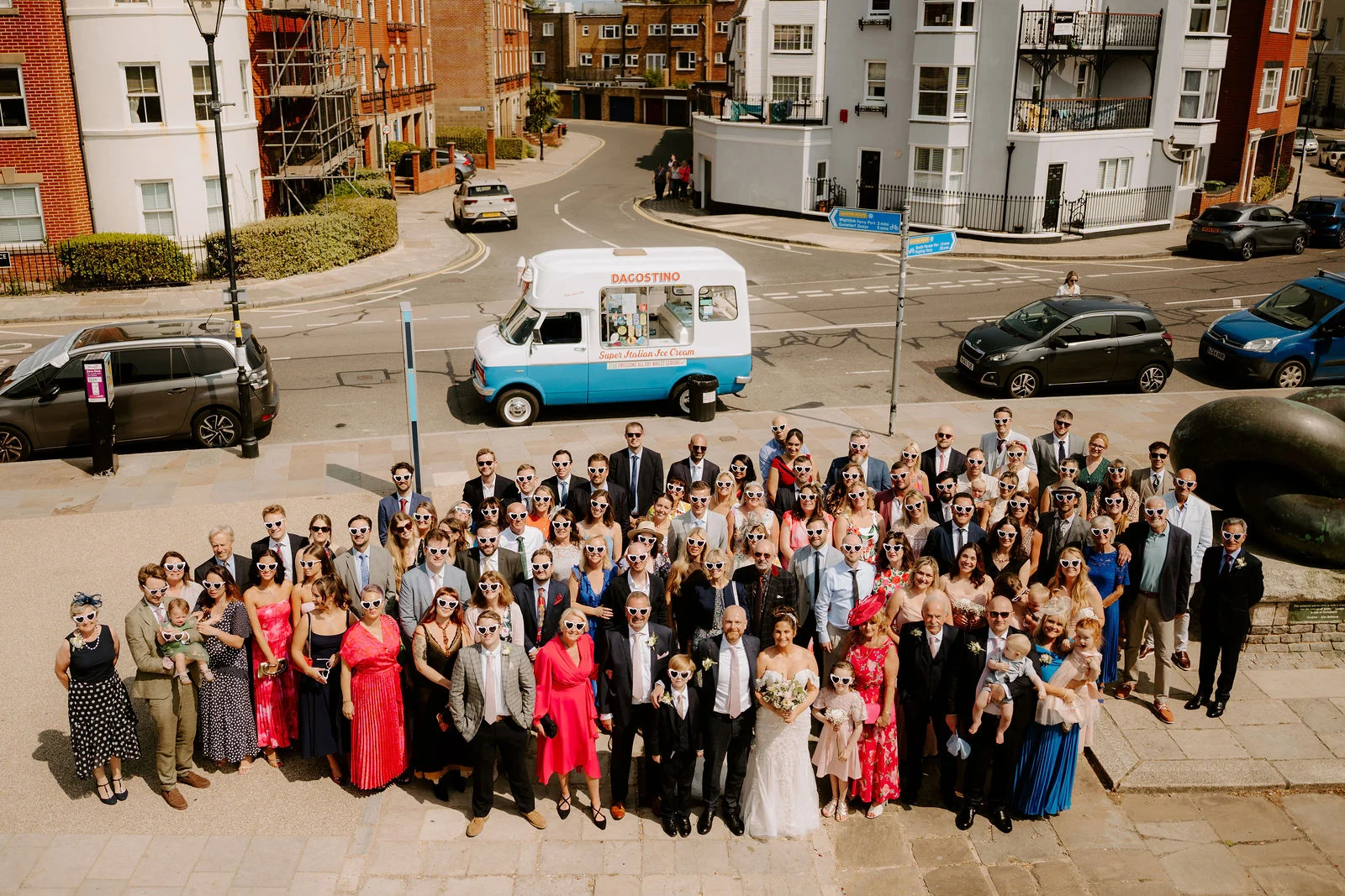Wedding guests gathered outside the Square Tower in Old Portsmouth