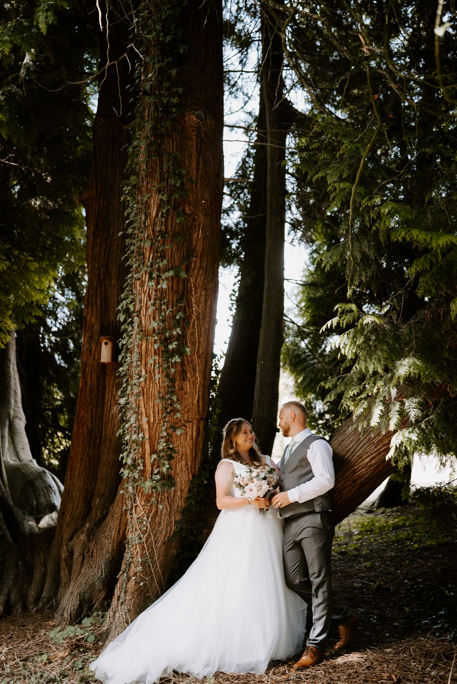 A bride in a full-skirted gown and a groom in a waistcoat stand beside the trunk of a huge ivy-covered tree in woodland at Pennard House