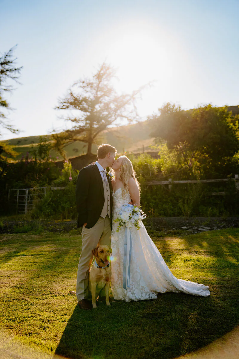 Newlyweds walking through the vineyards at Llanerch Vineyard